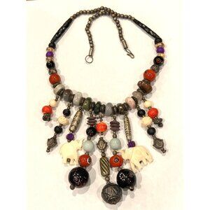 CARVED ELEPHATN MILLEFIORI GLASS STAR FLORAL DANGLING BEADS 21" BOHO NECKLACE